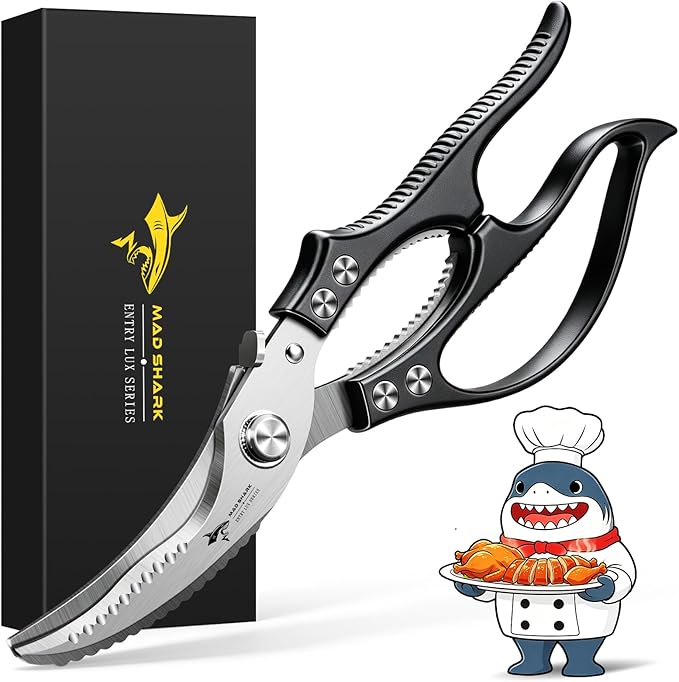 MAD SHARK Heavy Duty Poultry Shears,Spring Loaded Butterfly Meat Scissors | Non-Slip Handle Kitchen Shears, Safety Lock, All Purpose Kitchen Scissors for Chicken, Meat Cutting, Turkey, Fish, Vegetables