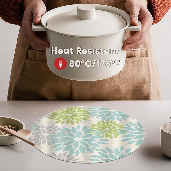 Artoid Mode Sage Dahlia Plastic Round Placemats Set of 4, 14 Inch Seasonal Washable Woven Vinyl Table Mats for Farmhouse Party Kitchen Dining Decor