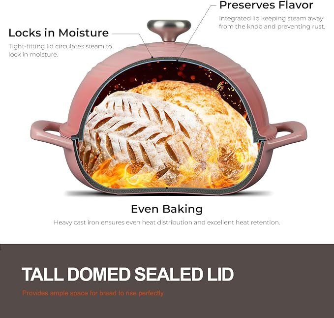 Overmont Enameled Cast Iron Dutch Oven, 6QT Bread Oven with Dome Lid Recipe | Tall Bread Pot with Potholders, for Sourdough Bread Baking Artisan Loaves, Crispy Crust & Better Oven Spring, 500°F Oven Safe