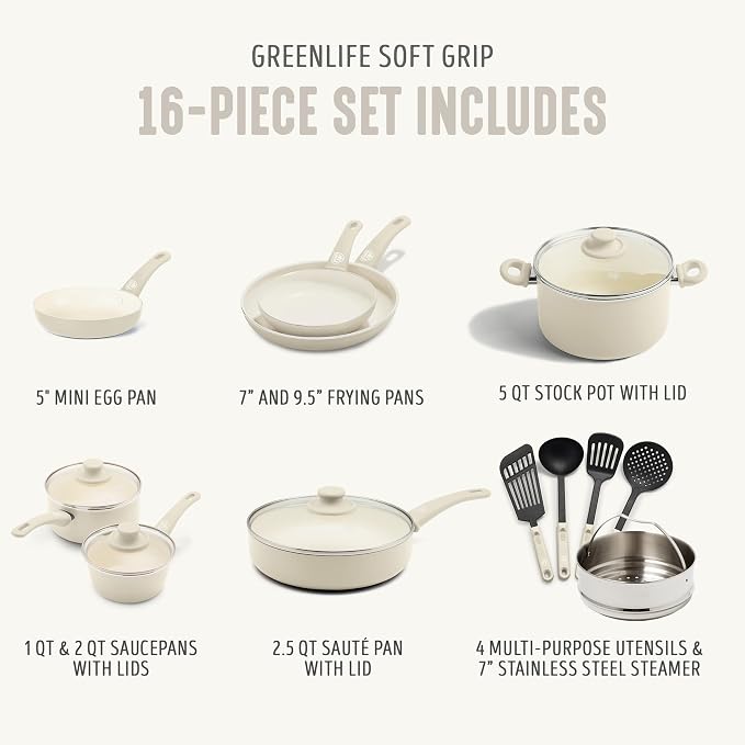 GreenLife 16 Piece Ceramic Nonstick Pots & Pans Cookware Set, Cream | PFAS-Free Nonstick Coating, Stockpot, Frying Pans, Saucepans, Sauté Pan, Stay-Cool Handles, Dishwasher & Oven Safe up to 350F