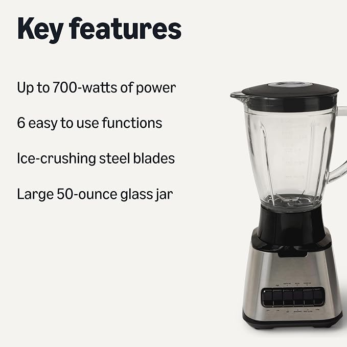 Amazon Basics Powerful 700W Countertop Blender with 6-Cup (50 Fl. Oz) Glass Jar, 6 Pre-Programmed Functions, Ice Crush, Stainless Steel Blades, Black & Silver