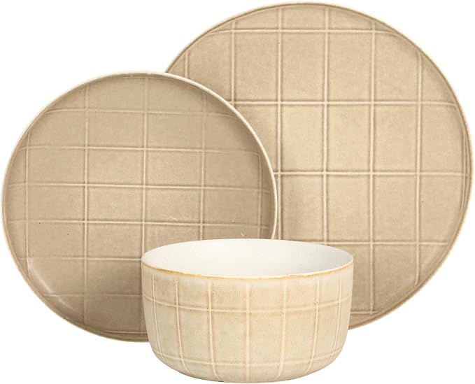 Gisbon Elite Butterwick 12 Piece Plates and Bowls Stoneware Dinnerware Set - Brown Blush Pink Reactive Glaze Patterned Dishes - Microwave and Dishwasher Safe