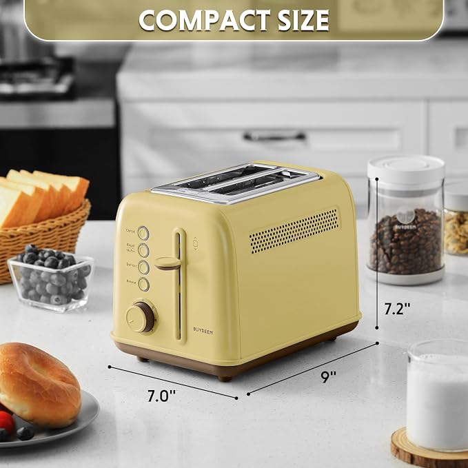 BUYDEEM DT620 2-Slice Toaster, 7 Shade Settings, Extra Wide 1.5'' Slots for Bagel & English Muffin, 6 Toasting Functions, Retro Stainless Steel Toaster with High Lift Lever, Mellow Yellow