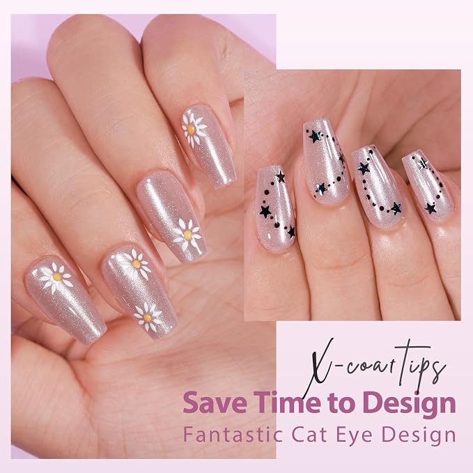 BTArtboxnails XCOATTIPS Cat Eye Press On Nails, Short Coffin, Falling Star | Lamp-Curable 4-Week Wear, Salon Quality Value at Home, Natural Nail Look, Easy-to-Apply for Beginners, 1606ct Nail Tips Only
