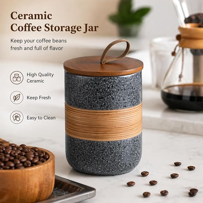 Miamolo Airtight Coffee Container, Ceramic Jar with Lid for Coffee Storage | Coffee Canister for Tea Sugar Salt & Cookie, Smooth Glaze | Elegant Kitchen Pantry Decor, Housewarming Gift | Grey & 28 fl.oz