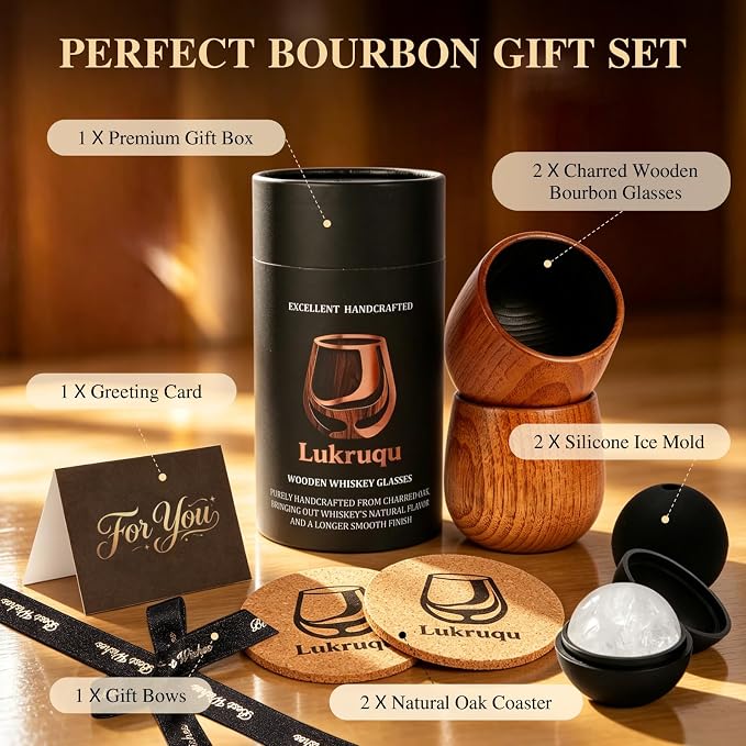 Charred Wood Whiskey Glass, Old Fashioned Bourbon Gifts for Men-2P | Handcrafted Oak Whiskey Tumbler, 10oz Collins Cup, Retirement, Birthday&Christmas for Dad Friend or Brother