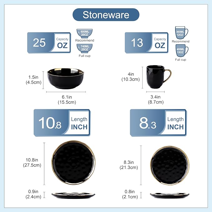 LOVECASA 16 Pieces Plates and Bowls Sets, Porcelain Black and Gold Dinnerware Sets, Round Dinner Plates Dishes Set Service for 4, Dishwasher Safe and Scratch Resistant, Black