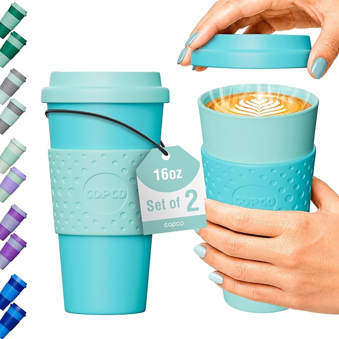 Copco Acadia Travel Mug with Lid, 16 Oz - Aqua & Mint, Set of 2 | Double Wall Insulated Tumblers with Spill Resistant Lids, Non Slip Grip, Slim Design Fits Car Cup Holders, Dishwasher Safe