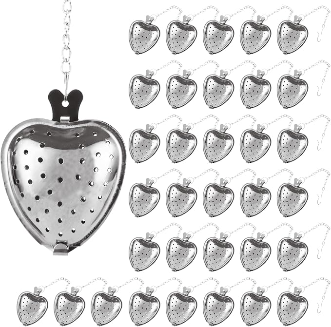 50 Pack Tea Strainer, Stainless Steel Tea Infuser, Heart Tea Ball for Loose Leaf Tea, Tea Interval Infuser, Tea Filters with Extended Chain Hook for Seasonings Cup Bottle