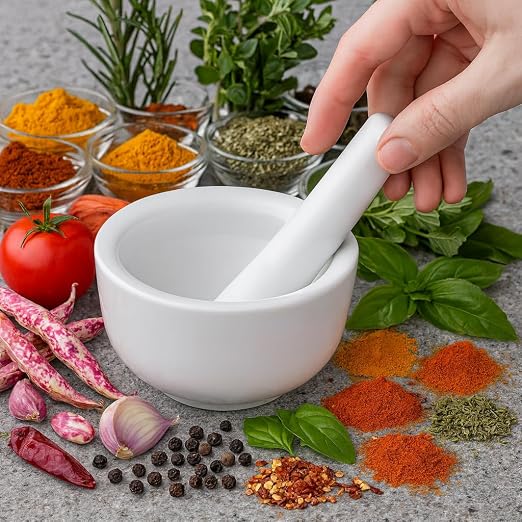 HIC Kitchen Mortar and Pestle Set, Fine Porcelain, 3.5-Inch, Spice Herb Grinder, Pill Crusher, Nut Butter Maker