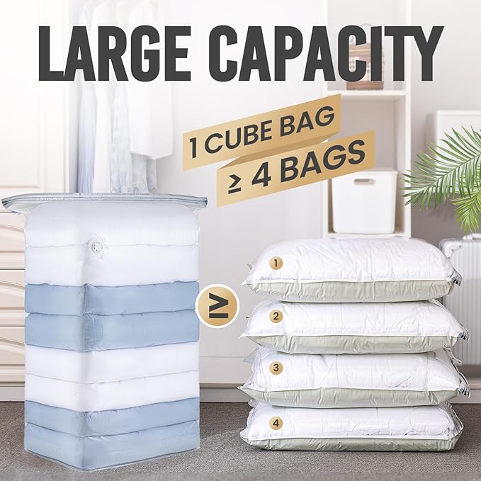 TAILI 6 Pack Vacuum Storage Bags, Jumbo Cube (31x40x15 Inch), Clear | Extra Large Vacuum Seal Bags for Clothing, Comforters, Blankets, Pillow, Bedding, No Pump Compression Cube
