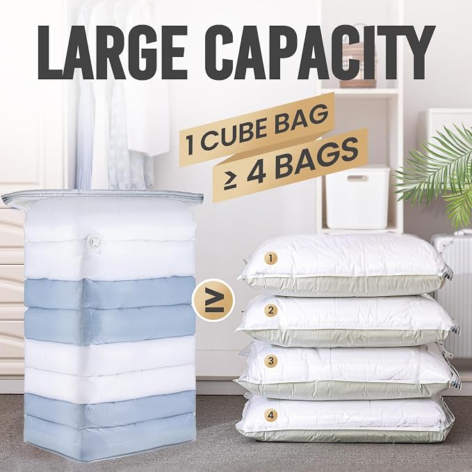 TAILI 12 Pack Cube Vacuum Storage Bags, Jumbo Size(31x40x15 inch), Clear | XL Large Vacuum Seal Bags for Clothing, Comforters, Blankets, Bedding, Space Saver No Pump Compression Cube