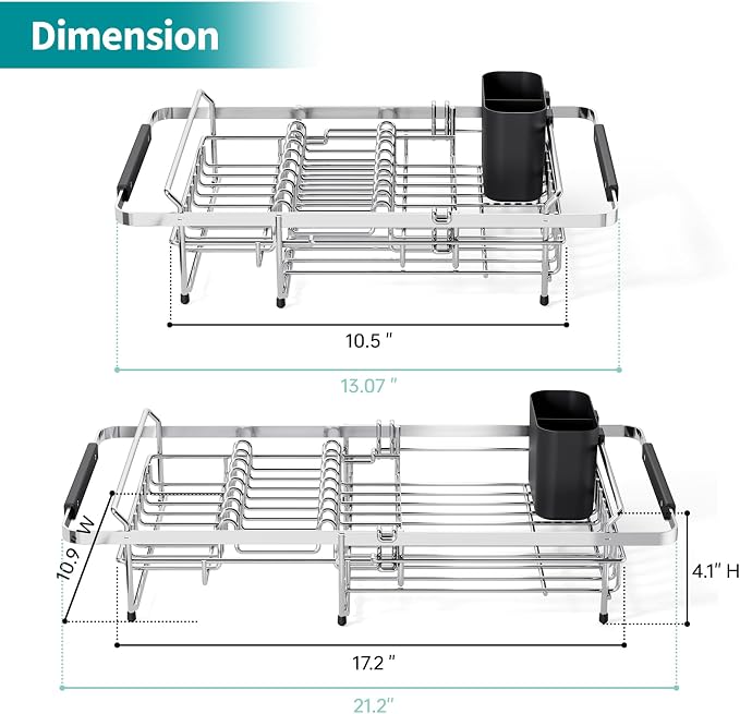 Urackify Expandable Stainless Steel Dish Drying Rack, 13-18 Inch | Expandable design in sink dish rack . Stainless steel with utensil holder, ample storage capacity ideal for small kitchens.