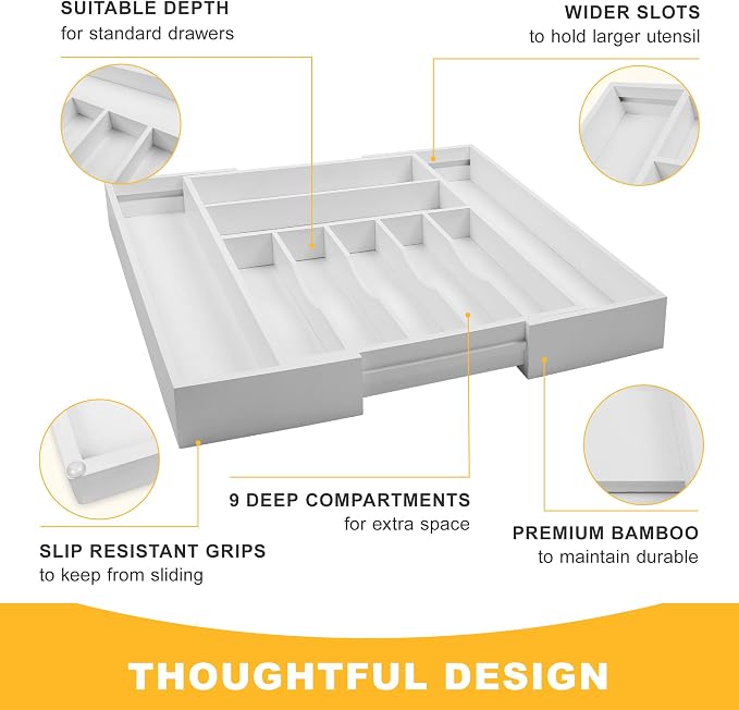 Large Premium Bamboo Silverware Organizer - Expandable Drawer Organizer & Utensil Organizer - 17"x19.7" Cutlery Tray with Dividers for Kitchen Utensils and Flatware (7-9 Slots) (White)