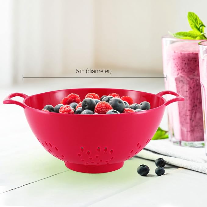Meadow Lane 6-Inch Small Colander, 3-Cup Food Strainer, Cardinal Red | BPA-free, dishwasher-safe mini colander has a wide, shallow bowl, 1/8-inch holes, two handles, ring foot and smooth edges.