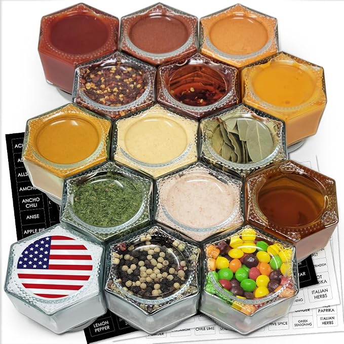 15 Pack Magnetic Spice Jars Large 4 oz Refrigerator Hexagon Glass Spice Jars Magnetic Lids Shaker Spice Labels Magnetic Glass Spice Containers for RV Travel Trailer Kitchen Fridge Cabinet Wall mount