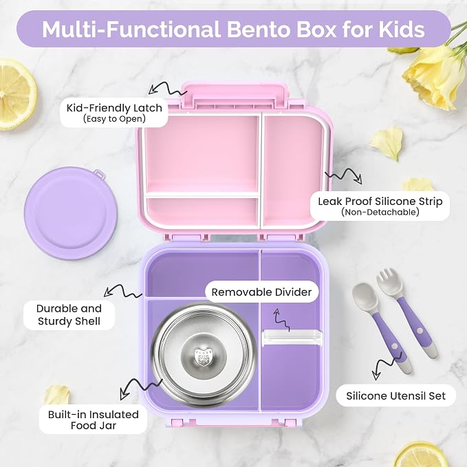 Kids Bento Lunch Box with Soup Thermo (9oz)– Hot & Cold Lunch Container with Leak Proof Insulated Food Jar for School Girls Boys, Ideal Size for Ages 3 to 7, Pink/Purple