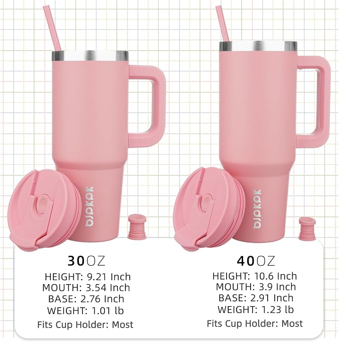 BJPKPK 40 oz Insulated Tumbler with Handle & Straw, Stainless Steel | Double Wall Vacuum Insulation, Leak Proof, BPA Free, Dishwasher Safe, Cupholder Friendly, Travel & Outdoor, Light Pink