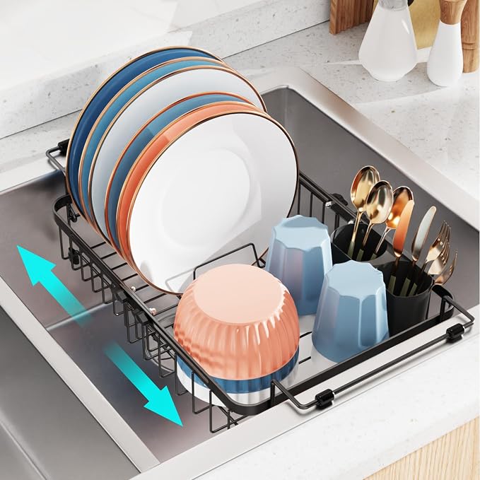Dish Drying Rack Over the Sink - Expandable Rust-Resistant Drainer | Twist-Lock Adjustment, Removable Utensil Holder, Handles with Non-Slip Beads, Space-Saving for Kitchen Apartment, RV