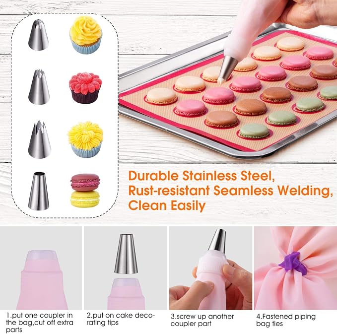 Silicone Macaron Baking Mat Kit - (30 in 1) Macaroon Baking Mat Heart Set,2 Half Sheet Macaron Silicone Mat,1 Egg Separator,1 Pastry Brush,1 Spatula,6 Frosting Tips,12 Piping Bags
