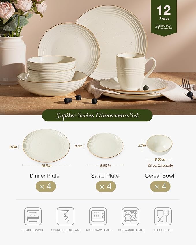 Famiware Jupiter Plates and Bowls Sets with Rim, Stoneware Dinnerware for 4 | 12pcs Ceramic Neutral Dishes, Speckled & Embossed Swirl, Chip & Scratch Resistant, Microwave & Dishwasher Safe, Vanilla White