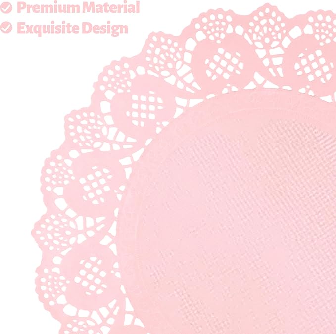 MCEAST 100 Pack Round Pink Paper Doilies 13.5 Inches Lace Paper Place Mats Rustic Scallop Doily Disposable Table Pads for Food Cakes Crafts Party Weddings Tableware Decor