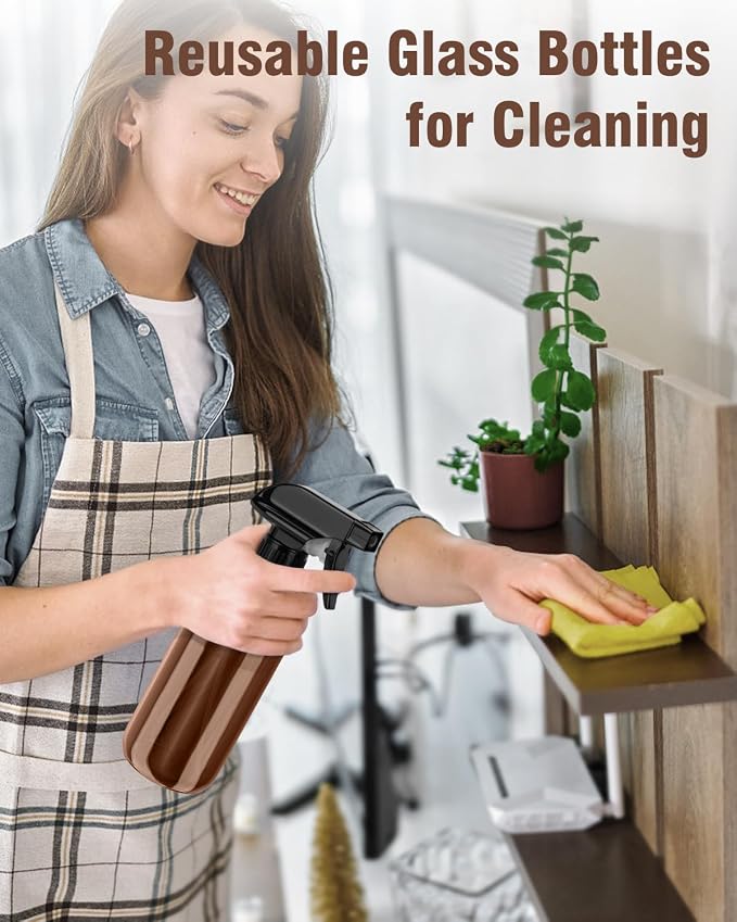 Bontip Glass Spray Bottle 16 oz for Cleaning, Plants (2 Pack, Amber) | Refillable spray bottle Set, BPA-free eco glass, With labels and funnel, Great for cleaners, plant misting, hair care