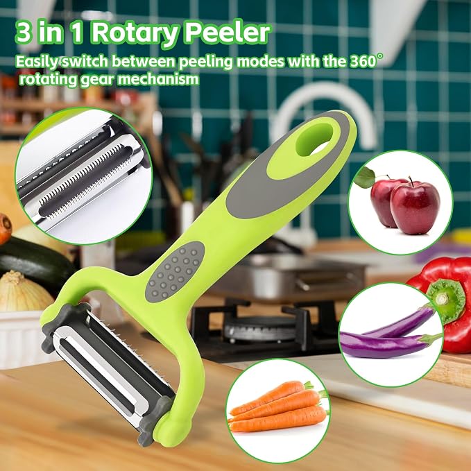 Vegetable Peeler for Kitchen, 3 in1 Potato Apple Peelers for Fruit Carrot Zucchini Cucumber Veggie Anti-Slip Handle, Y Vegetable Peeler 3 in 1 Serrated Blade and Standard Blades Spin Design (2PC)