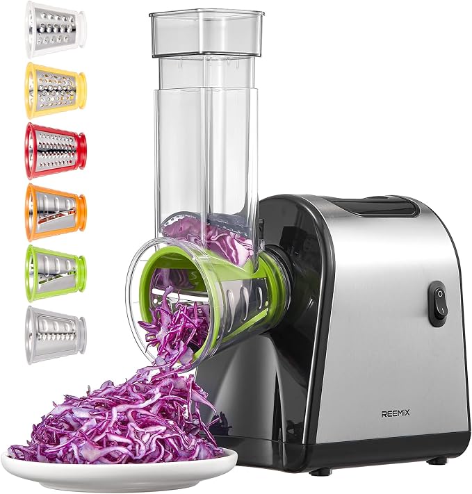 Reemix Electric Cheese Grater, Electric Food Grater | 6 Interchangeable Blades – Slicing, Shredding & Zesting | Stainless Steel Blades, Fast, Effortless Meal Prep for Home Cooks