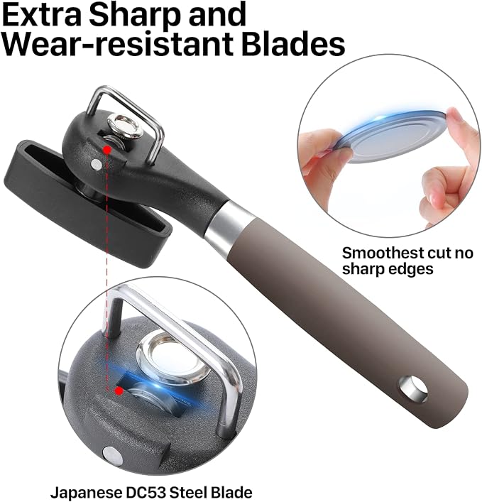 Beneno Can Opener, Manual Side Safe Cut Can Opener Smooth Edge, Brown | Durable Sharp DC53 Steel Cutting Blade, Clean Cut with no Sharp Can Edges, Big Effort-Saving Knob, Comfortable Non-Slip Grip