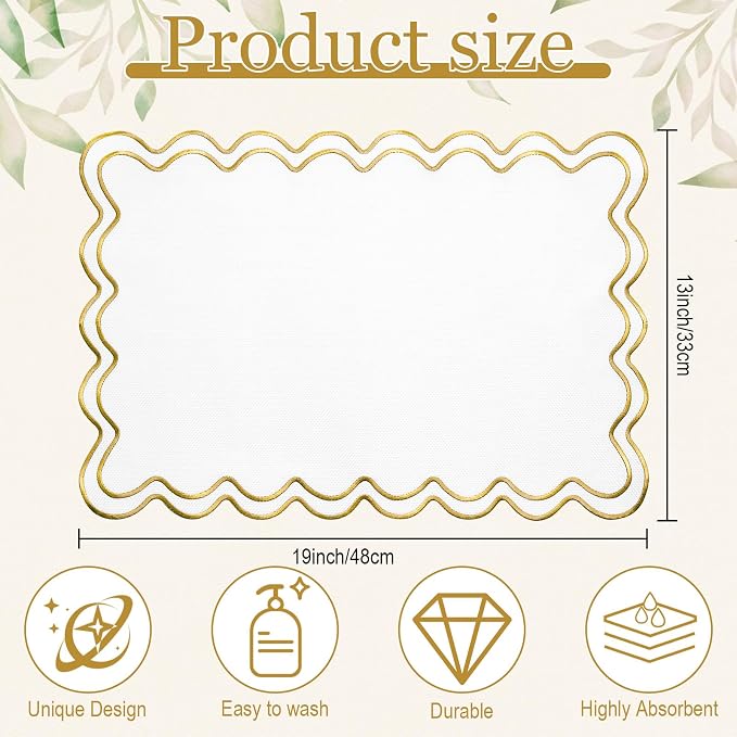 HunnmingRe White with Gold Set of 6 Cotton Linen Wedding Placemats, 13x19 Inch Scalloped Wavy Embroidery Placemat Double Layered Washable Rustic Rectangle Dinner Table Mat for Home Decor