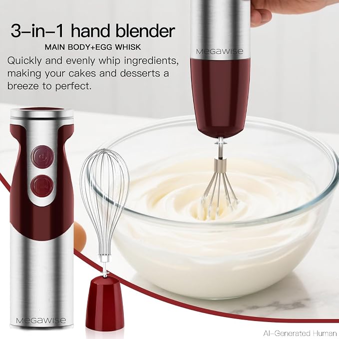 MegaWise Pro Titanium Reinforced 3-in-1 Immersion Corded Hand Blender, Powerful MOTOR with 80% Sharper Blades, 12-Speed Corded Blender, IncludingWhisk and Milk Frother (3-in 1 Red)