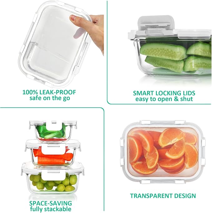 24 Pieces Glass Food Storage Containers Set, Meal Prep Containers, BPA-Free Airtight Glass Storage Containers with lids,Freezer, Microwave and Oven Safe,White