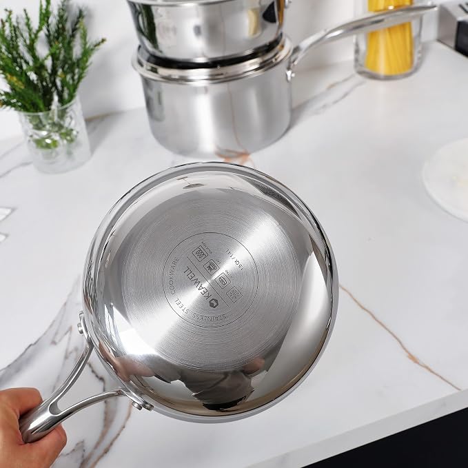 KEAWELL K3 Premium Tri-Ply Fully Clad Saucepan with Lid (1.5-Qt) | Tri-Ply Fully Clad Stainless Steel Saucepan; Small Pot with Lid; Even Heating; Induction and Oven Safe; For All Stovetops