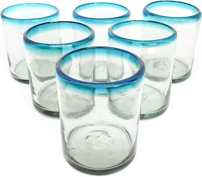 Aqua Blue Rim 10 oz Tumbler Glasses (set of 6) Mexican Handmade Glassware, Recycled Glass, Lead-free, Toxin-Free (Tumbler)
