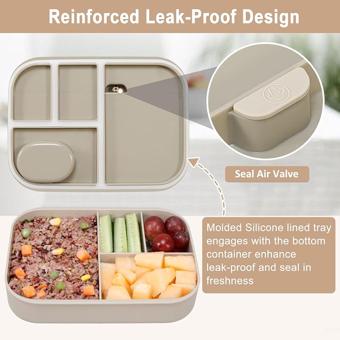 Caperci Stackable Bento Lunch Box for Adult & Teens - Reinforced Leak-Proof Lunch Container 4-Compartment with Utensils & Sauce Container, BPA-Free, Dishwasher/Microwave Safe, 47oz (Pale Mocha)