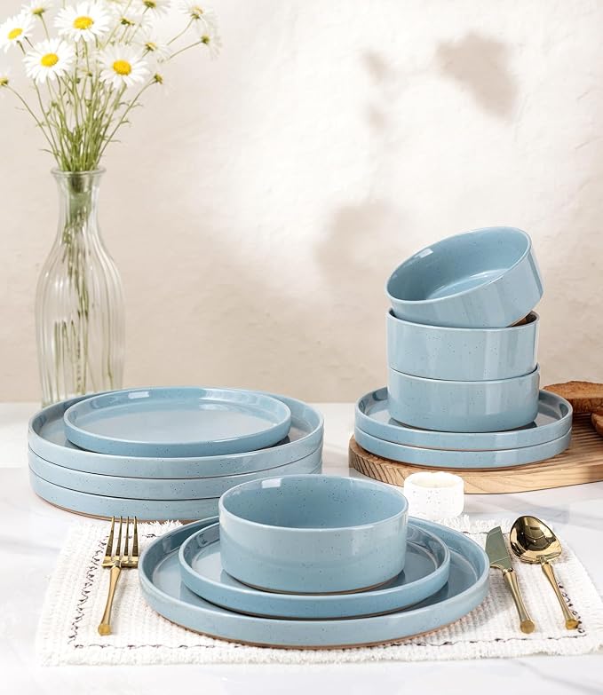 AmorArc Stoneware Dinnerware Sets for 4,12Pcs Plates and Bowls Set | Handmade Ceramic Dish Set,Dishwasher & Microwave Safe,Scratch Resistant-Light Blue