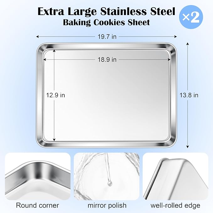 E-far Large Baking Sheet Set of 2, 20"x14" Stainless Steel Cookie Sheet | Non Toxic Metal Baking Pan Tray for Cake Cookies, Healthy & Rust Free, Mirror Finish & Dishwasher Safe