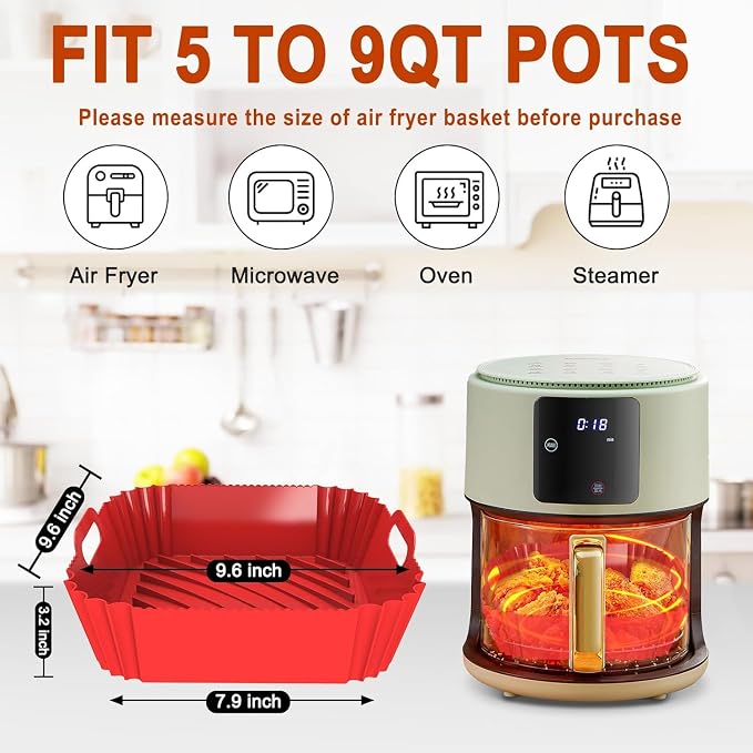 Large Silicone Air Fryer Liners Square 5-9 QT, 7.9 Inch Reusable Airfryer Liners Air Fryer Silicone Liners Pot Oven Liner Baking Tray, AirFryer Basket Mat Bowl Accessories, 2 Pack