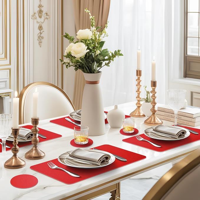 Faux Leather Placemats Set of 6 Waterproof Table Mats with Coaster | 17×12 In Heat Resistant Place Mats Set of 6 Wipebale & Washable Table Placemats for Kitchen Dining Indoor & Outdoor BrightRed