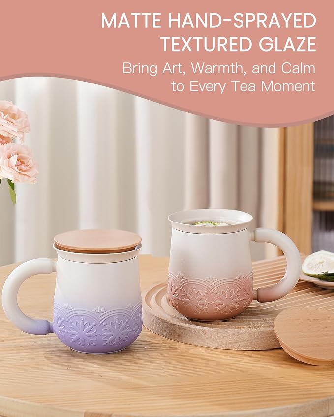 ZENS Tea Mug with Infuser and Lid for Loose Tea Diffusers, 12oz Pink | Embossed Ceramic Tea Cup with Infuser for Herbal Tea Steeper, Tea Lovers Gifts, Japandi Style Sunflower