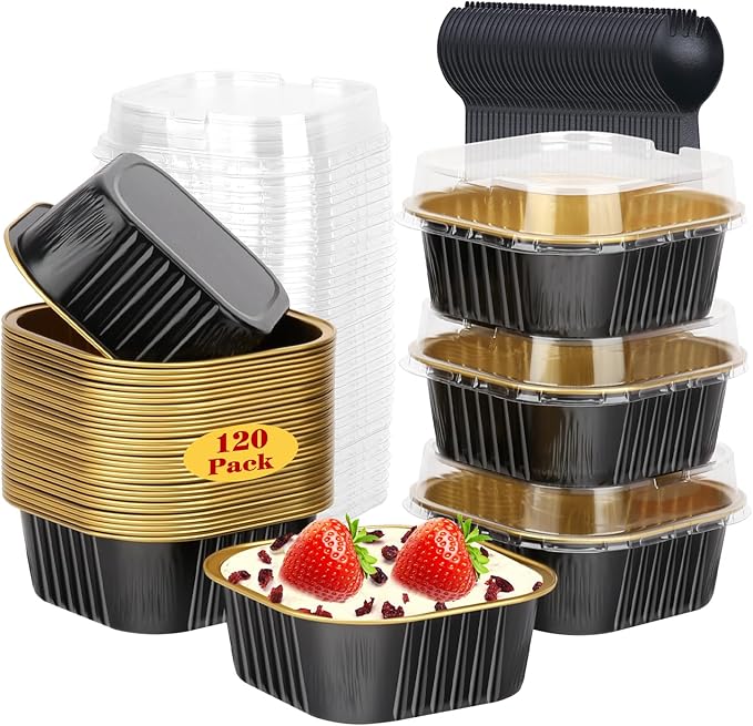 LNYZQUS 120 Pack 10oz Mini Cake Pans with Lids and Spoons for Bake Sales | Disposable, 4x4 Square Baking Tins, Individual Cinnamon Roll Containers, Small Foil Dessert Cups for Farm Stand, Black