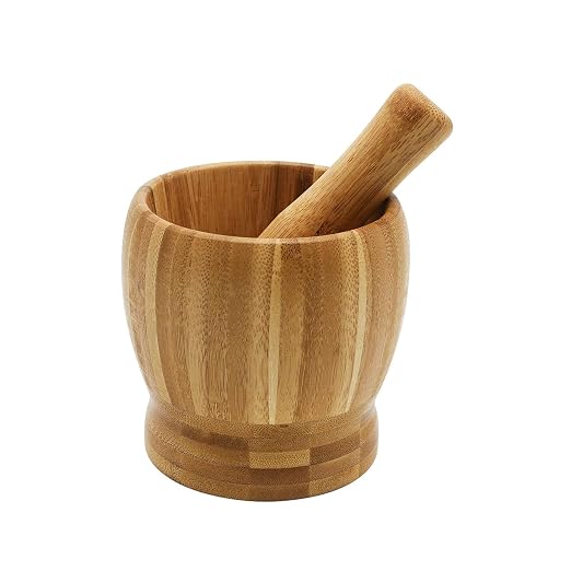 Wooden Pestle and Mortar Bamboo Bowl Set Guacamole Bowl Shell Garlic Pepper Press Mincer Grinder Chopper Crusher Molcajete Mixer for Guacamole,Herbs,Spices,Garlic,Medicine Pills,Seeds - Medium