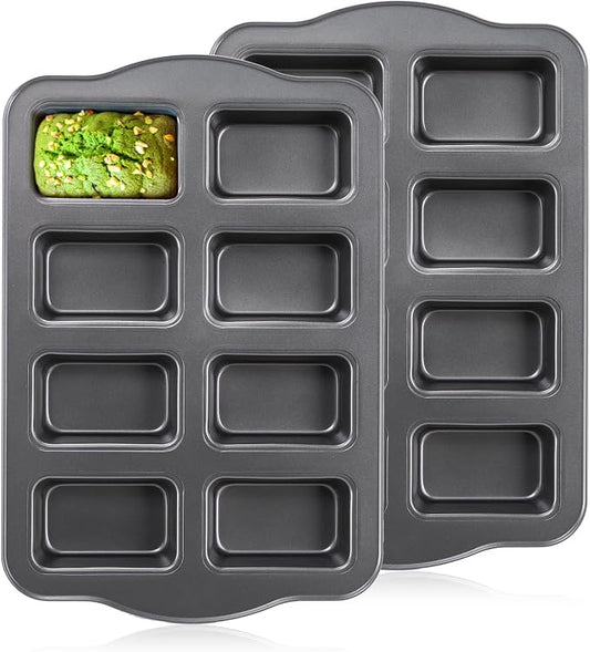Lawei 2 Pack 8 Cavity Mini Loaf Pan, Non-Stick Small Bread Loaf Pans, Rectangle Carbon Steel Baking Loaf Pans for Corn Bread, Little Banana Breads, Cheesecake, Mini Brownie Pan