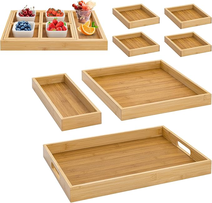 RRX Wood Serving Trays with Handles, Set of 7 Rectangular Tray, Beige | Nesting Bamboo Tray for Breakfast in Bed, Kitchen, Entertaining, Couch, Party, Platters, Coffee Table, Countertop Home Decor