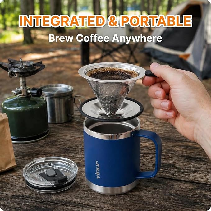 VINUR Insulated Pour Over Coffee Maker-12 oz Stainless Steel Coffee Maker | Stainless Steel Vacuum Insulated Coffee Maker With Stainless Steel Filter for Home, Camping, Gift for Men & Women (Navy)