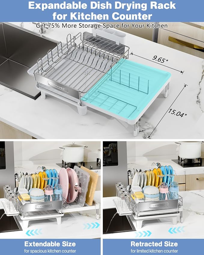 Expandable Dish Drying Rack, Dish Racks for Kitchen Counter, Stainless Steel 304, Flip-Top Retractable Plate, Multi-Directional Adjustable Dish Rack, Space Saving Large Drying Rack Kitchen, White