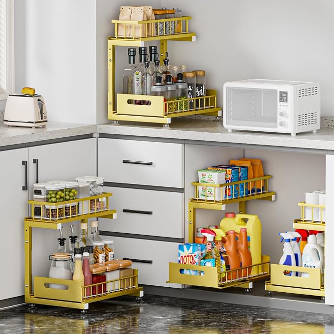 L-Shaped Under Sink Organizer, 2-Tier Pull-out Cabinet Rack 1-Pack | Gold Height-Adjustable Metal Rack, Sliding Grid Drawers with Safety Stopper, Holds 100 Lbs, Ideal Kitchen Cabinet Storage