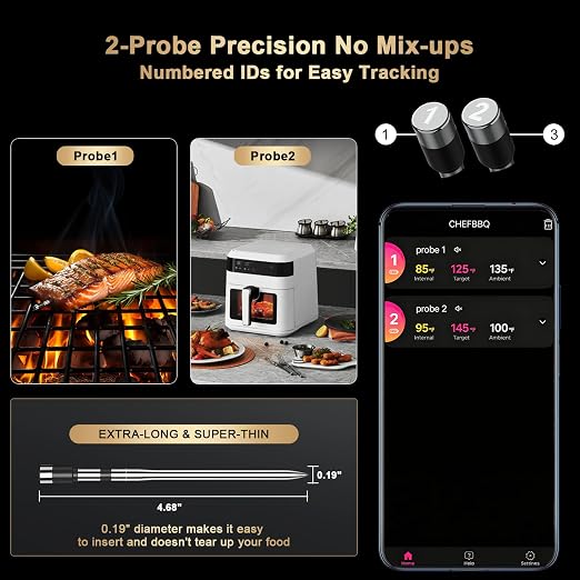 Wireless Meat Thermometer Digital - 800FT Bluetooth Food Thermometer for Cooking, NIST Certified Accuracy, Standalone Base Dual Probes for Grill BBQ Oven Smoker