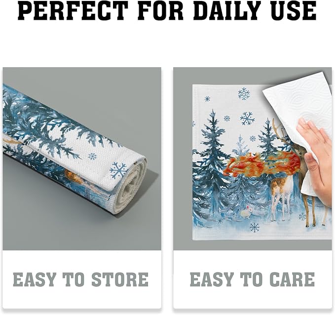 Watercolor Forest Reindeer Placemats Set of 4 - Blue Pine Tree Winter Snowflakes Non-Slip Washable Cloth Place Mats 12 x 18 Inch Reusable Table Mats for Kitchen Dining Holiday Decoration